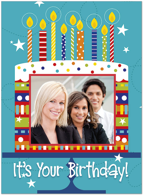 Select a verse or write your own. Colorful Cake Photo Card D2744U-V